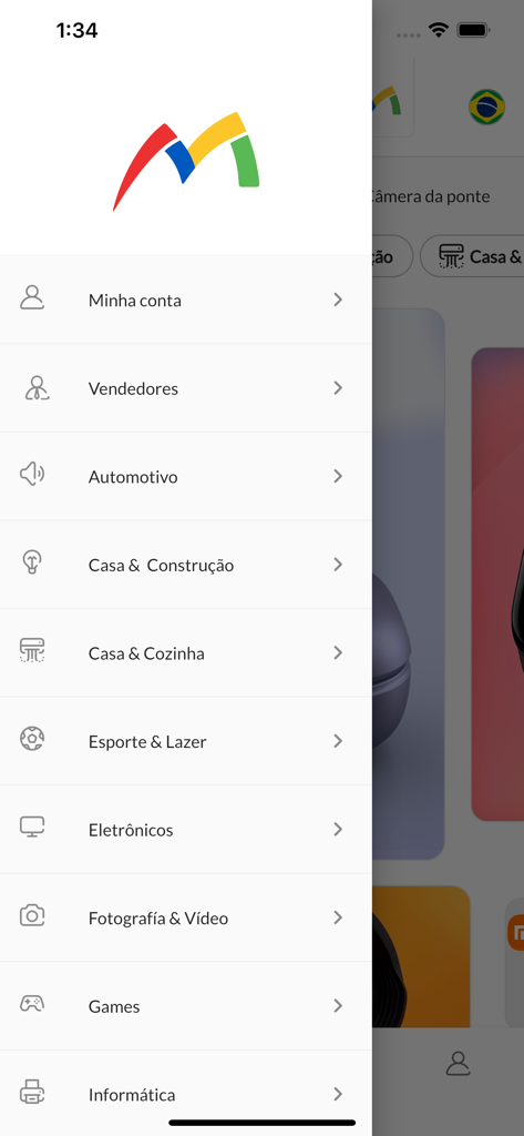 Mega Eletrônicos - Mega Eletronicos app sidebar navigation showing product categories like electronics games and computing