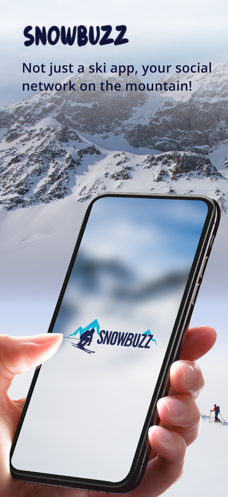 SnowBuzz - Smartphone mostrando el logo de la aplicación de red social de esquí SnowBuzz frente a un fondo de montaña nevado