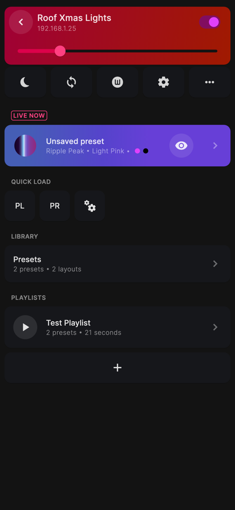 WLED+ - WLED plus mobile app interface displaying controls for Roof Xmas Lights active effect previews and playlist library