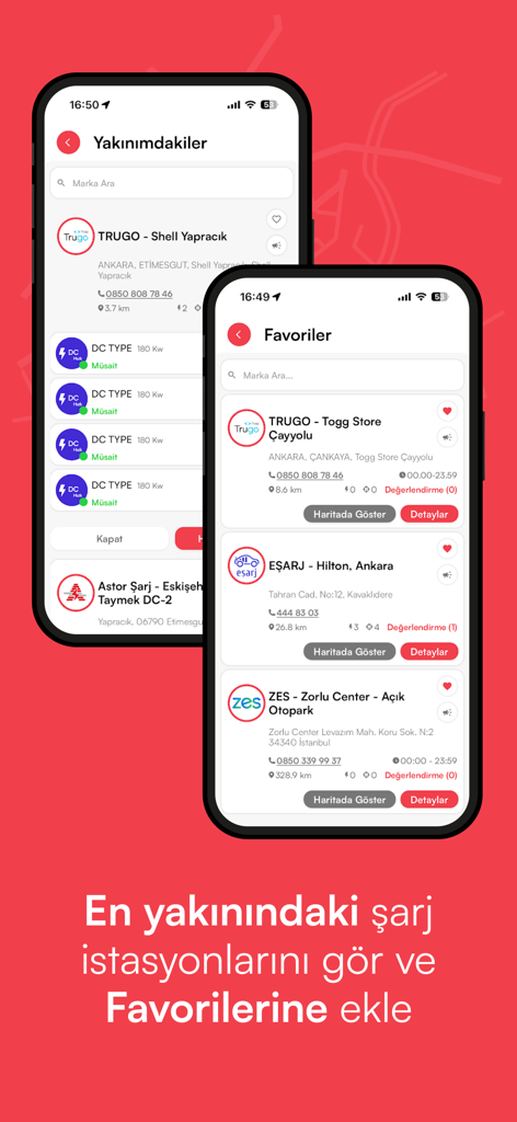 Two mobile screens of the Voltla app displaying nearby electric vehicle charging stations and a list of favorite charging locations.