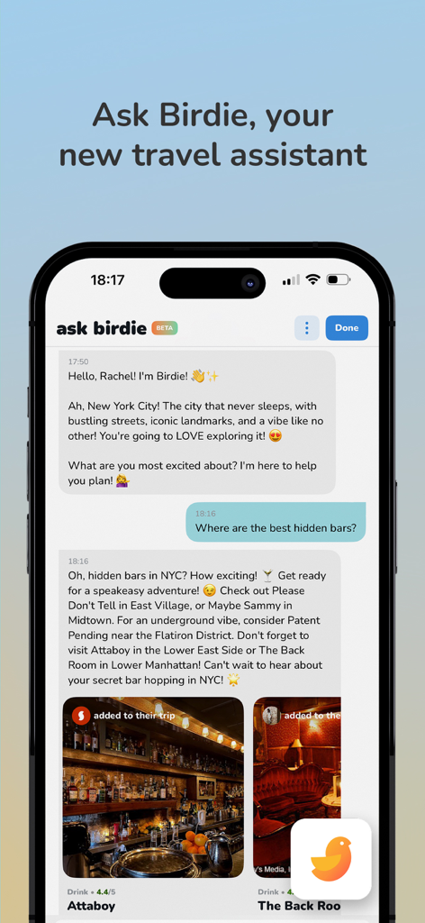 Steller app interface showing Birdie AI assistant recommending hidden bars in New York City