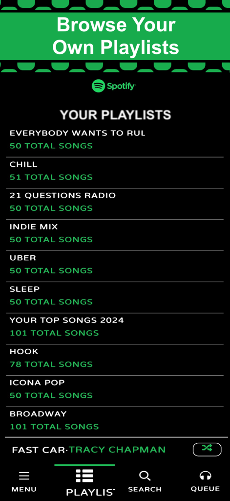 Benutzeroberfläche der Jukebox App, die persönliche Spotify-Playlists mit verschiedenen Stimmungen anzeigt.