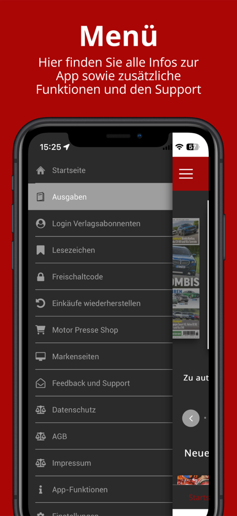 Menu di navigazione dell'app Auto Kiosk che mostra opzioni come riviste preferite e impostazioni
