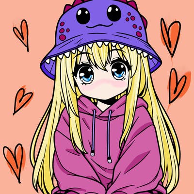 girl with anime shaped eyes with a dinosaur bucket hat oversized sweatshirt long straight hair