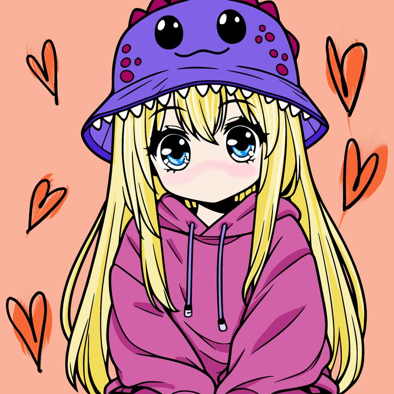girl with anime shaped eyes with a dinosaur bucket hat oversized sweatshirt long straight hair