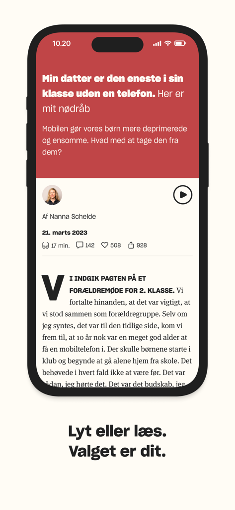 Zetland - Interfaccia dell'app Zetland che mostra un articolo di lunga lettura con opzioni per leggere il testo o ascoltare la versione audio.