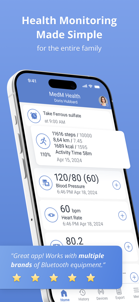 Health Diary by MedM - MedM Health app dashboard showing blood pressure heart rate and activity tracking results on a smartphone