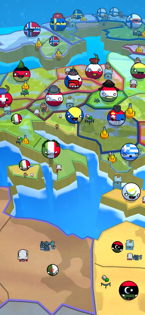 Gameplay screenshot of Country Balls State Takeover showing a stylized map of Europe and North Africa with various countryball characters and military units.