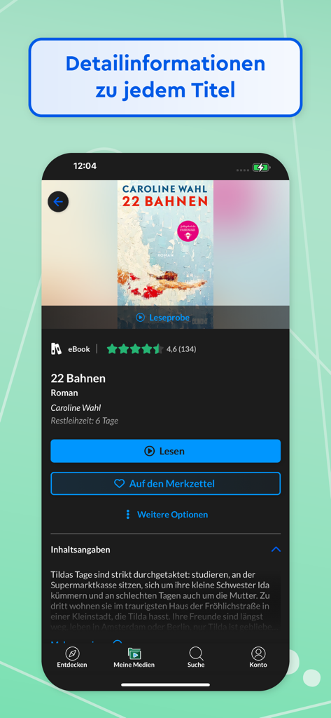 Detailed view of an eBook titled 22 Bahnen in the Onleihe 3 mobile app interface