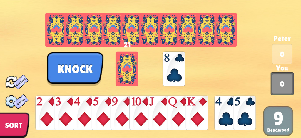 Una partida de Gin Rummy en progreso mostrando la mano del jugador y un gran botón de 'knock' (rematar)