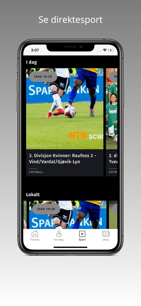 A screenshot of the Telemarksavisa app display showing local sports news and live football match results on a smartphone.