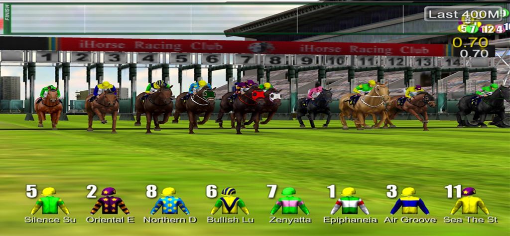 iHorse™ Betting app - Una pantalla de simulación de carreras de caballos en 3D que muestra varios caballos y jinetes compitiendo en una pista verde.