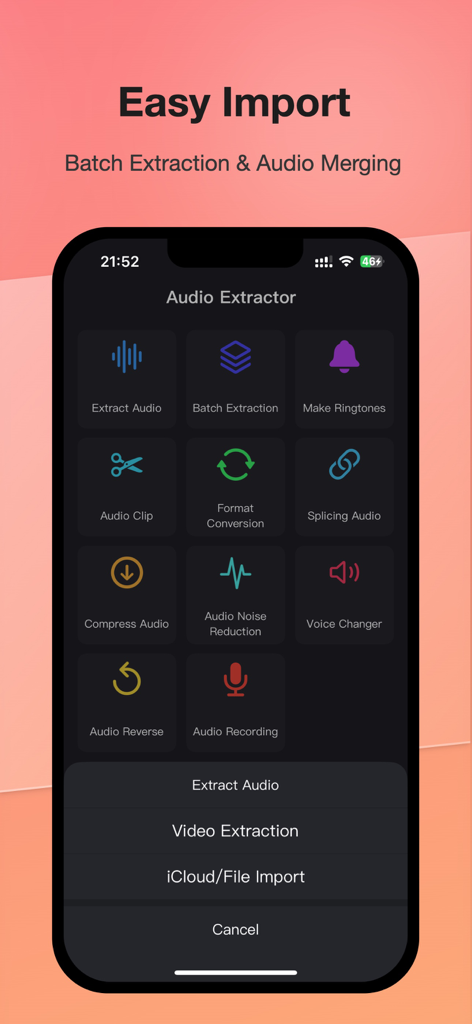 Audio Extractor &MP3 Converter - Main dashboard of the Audio Extractor app featuring tools for batch extraction making ringtones and audio editing