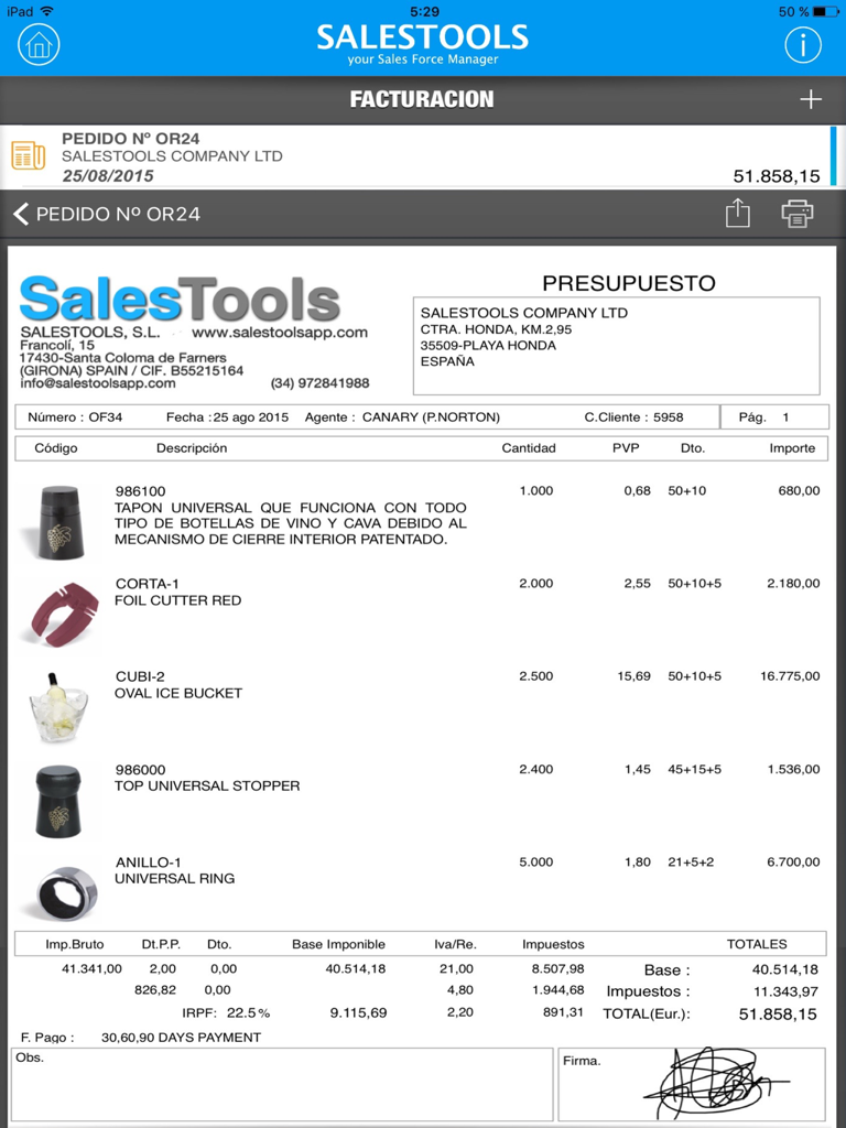A digital invoice on an iPad screen showing a list of sales items and a customer signature.