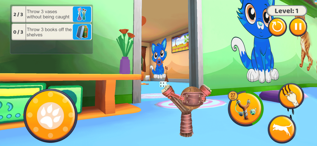 Kitty Punch : Cat Simulator - First person view of a slingshot and prank missions in a colorful classroom environment in Kitty Punch