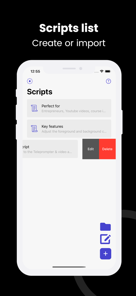 Teleprompter with Video - Interfaz de la aplicación Teleprompter con Video que muestra una lista de guiones con opciones para crear, importar, editar o eliminar