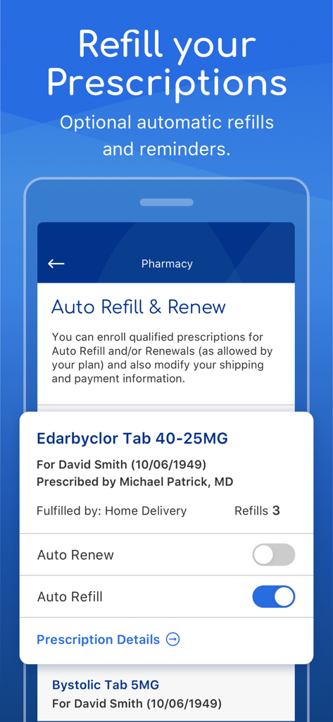 Sydney Health - Sydney Health app interface showing prescription refill and auto-refill settings