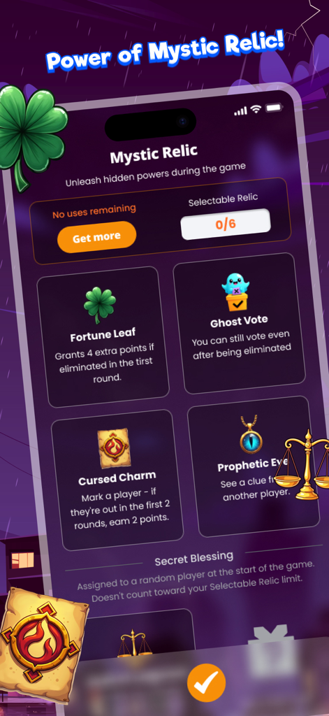 A menu screen from the Uncover Lies app showing various Mystic Relic power-ups like Fortune Leaf and Ghost Vote.