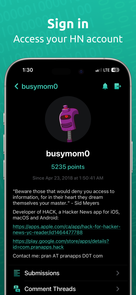 User profile screen in the HACK app showing points and account details