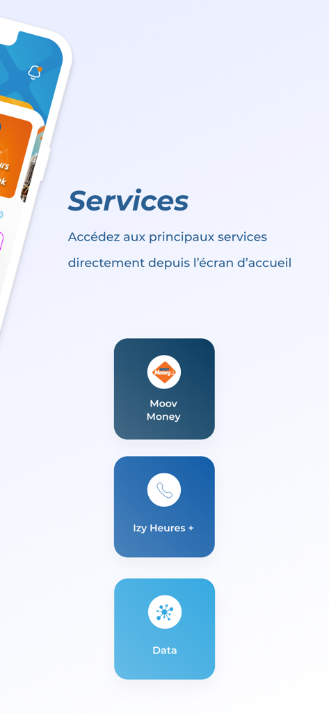 MyMoov app services menu showing Moov Money, call bundles, and data options for Ivory Coast mobile users