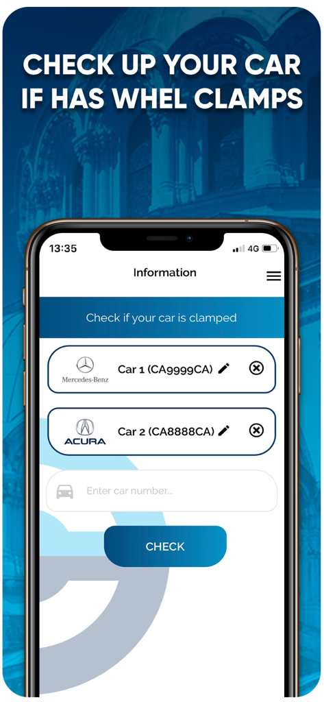 Sofia Plus - Mobile app interface of Sofia Plus showing a feature to check if a car has been clamped with a list of vehicles and an input field