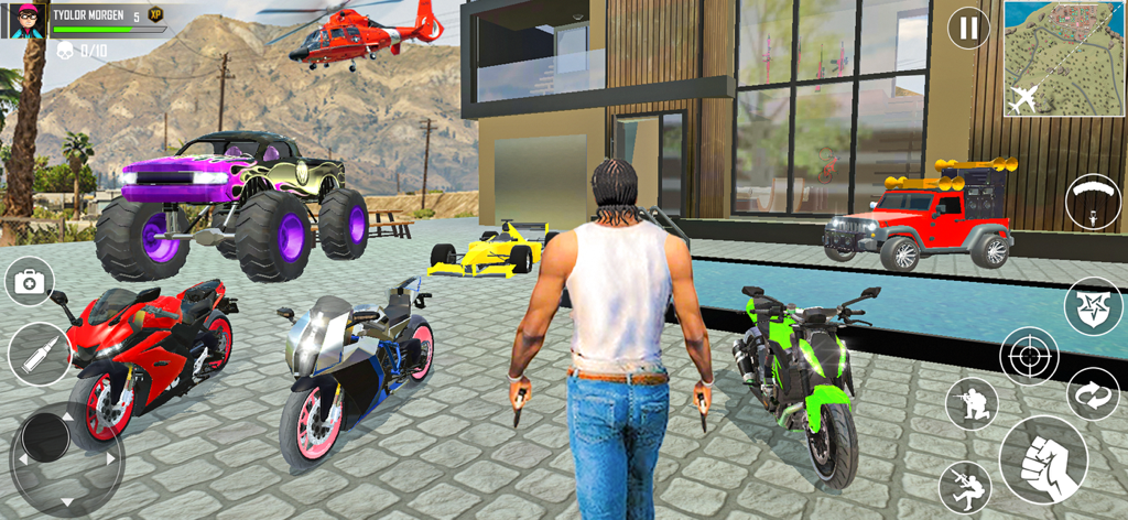 Indian Bikes And Cars Driving - Gameplay scene showing a character standing among various motorcycles, a monster truck, a racing car, and a helicopter in an open-world setting.