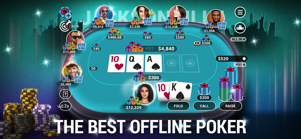 Poker World - Offline Poker - 아바타, 카드, 칩이 있는 텍사스 홀덤 테이블을 보여주는 포커 월드 게임플레이 스크린샷