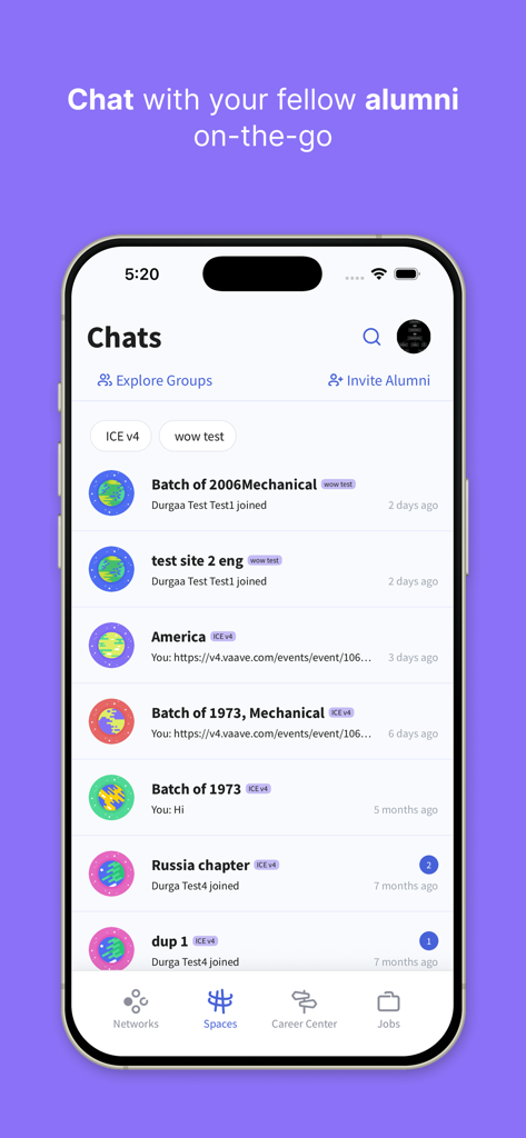 My Alumni Network - Chat screen in the My Alumni Network app showing different alumni groups by graduation year and location
