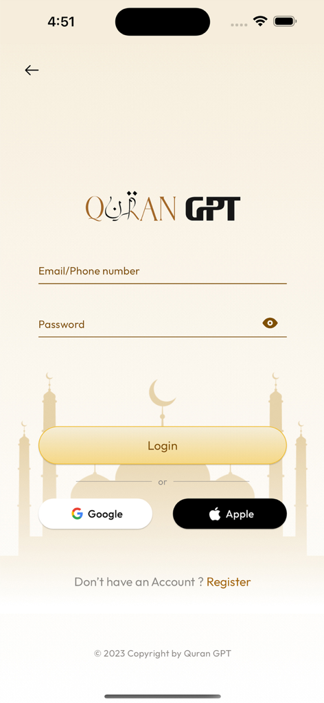 The Quran GPT - The Quran GPT mobile app login screen with social sign in options