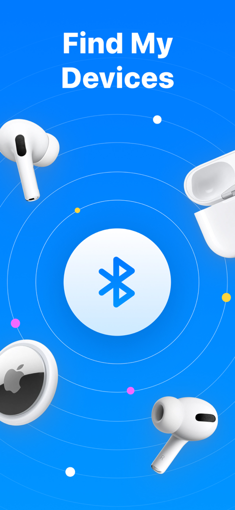 AirFind app screen showing a Bluetooth radar visualization with AirPods and AirTags