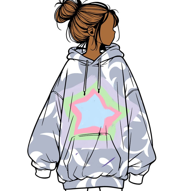 realistic girl with a oversized sweatshirt on and a bun
