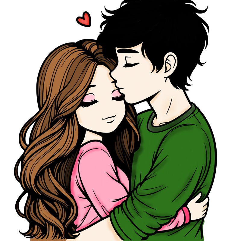 a realistic couple boy and girl hugging and kissing