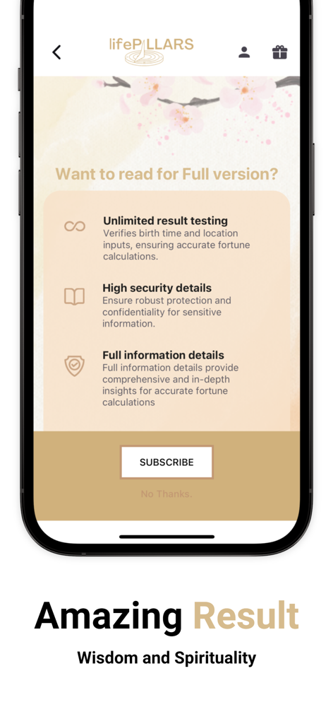 Life Pillars - Subscription screen of the Life Pillars app showing premium features for personality and wisdom results.