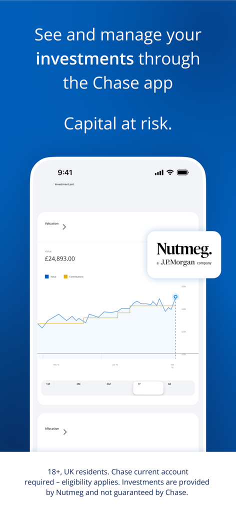 Chase UK - Chase UK app screen showing investment portfolio performance and Nutmeg integration.
