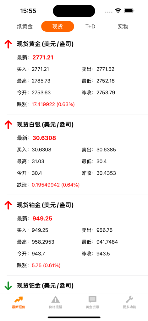 黄金价格-黄金行情查询 - Mobile application interface displaying real-time market prices for spot gold silver and platinum