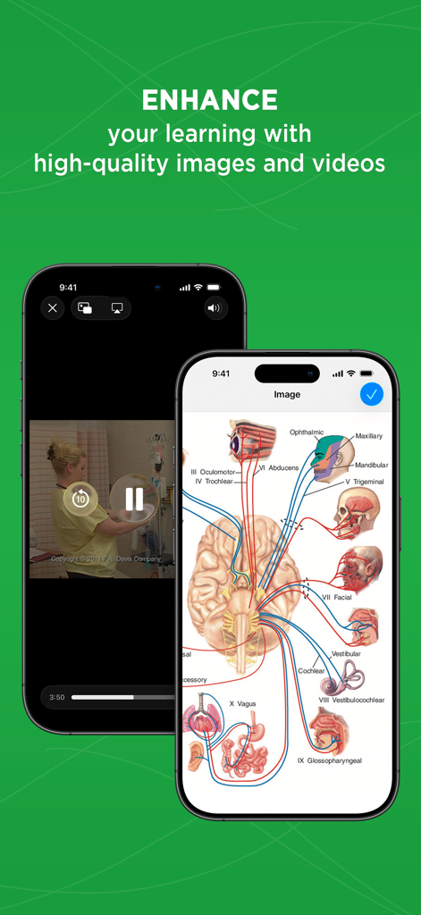 Taber's Medical Dictionary - Taber's Medical Dictionary app displaying a medical training video and a detailed anatomical diagram of cranial nerves on two smartphones