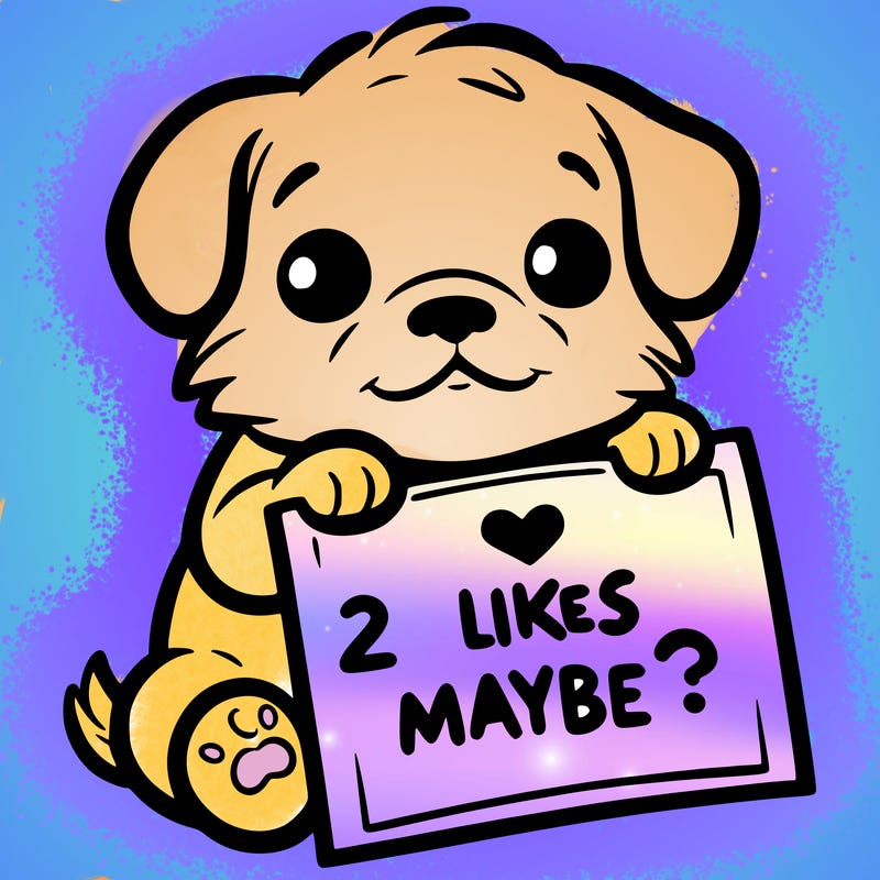 a puppy holding a sign that says 2 likes maybe?