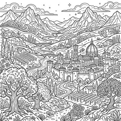 Immerse yourself in the timeless beauty of a Renaissance landscape with this intricate coloring page. Featuring a historic walled city nestled among rolling hills and vineyards, it promises a truly captivating artistic experience.