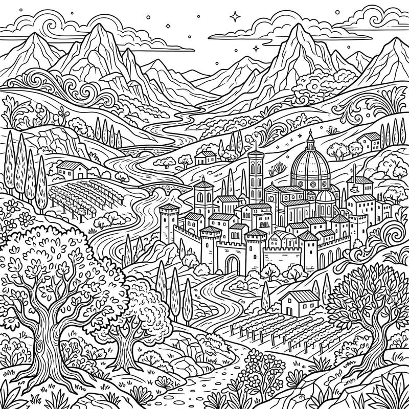 Immerse yourself in the timeless beauty of a Renaissance landscape with this intricate coloring page. Featuring a historic walled city nestled among rolling hills and vineyards, it promises a truly captivating artistic experience.
