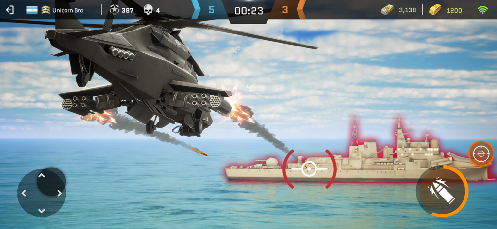 An attack helicopter firing missiles at a naval warship in a sea battle in Massive Warfare