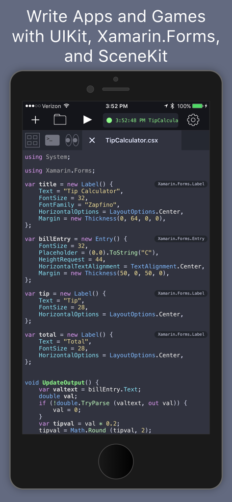 Continuous .NET C# and F# IDE - Mobile code editor interface showing C sharp code for a tip calculator app using Xamarin Forms