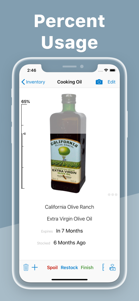 Mobile app interface of Pantry Check showing sixty-five percent usage and expiration date for olive oil