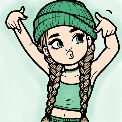 realistic teenage girl with braids and a beanie and crop top doing 🫶🏼