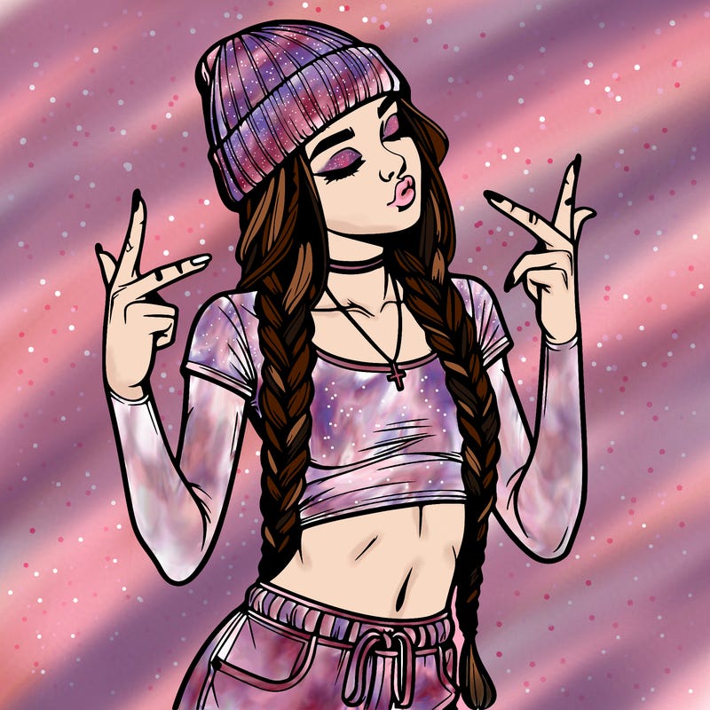 realistic teenage girl with braids and a beanie and crop top doing 🫶🏼