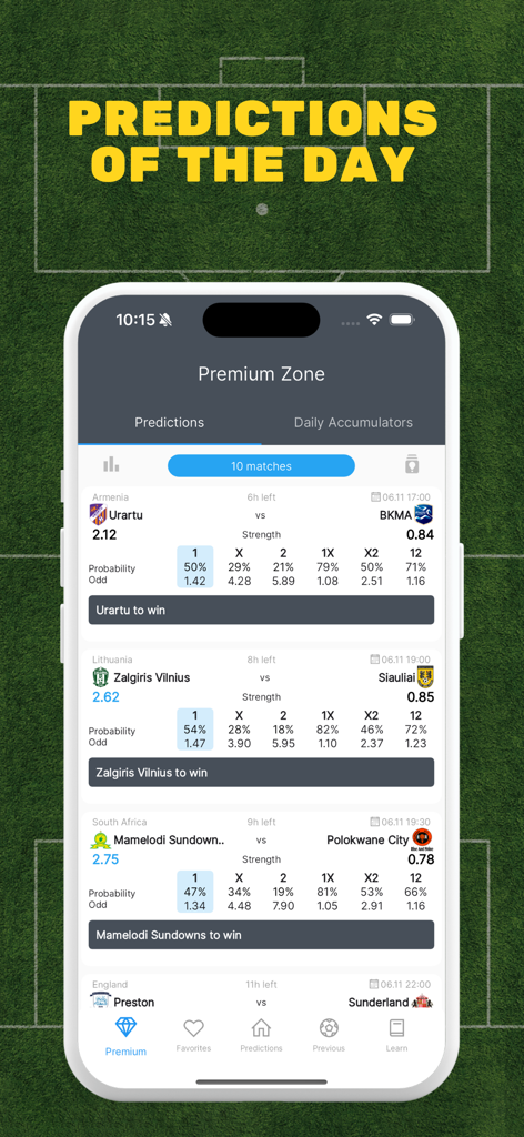 WIN Soccer Betting Tips - 毎日の試合予測と確率を表示するWIN サッカーベッティングのヒントインターフェイス。