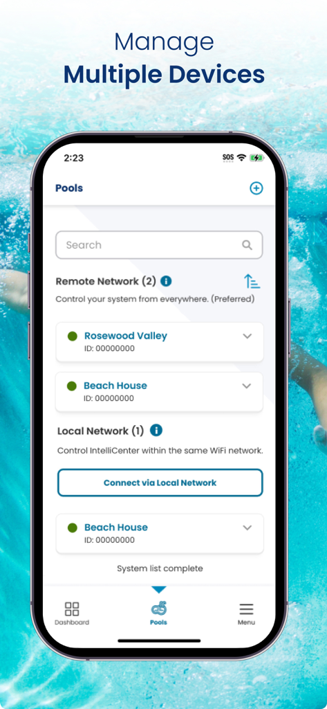 Pentair Pool - Pentair Pool app dashboard for managing multiple devices and locations