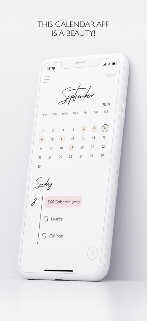 PLANBELLA - Planner App - Minimalist calendar and daily planner interface with pastel colors and script fonts on an iPhone.