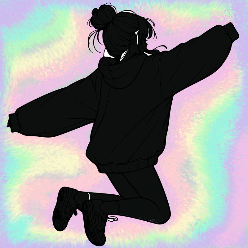 realistic girl jumping with a bun and oversized sweatshirt