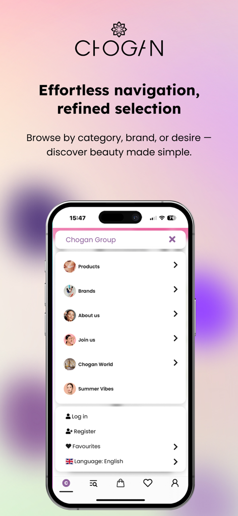 Chogan Group – Official App - Navigation menu of the Chogan Group app showing product categories and brand selections on a smartphone screen