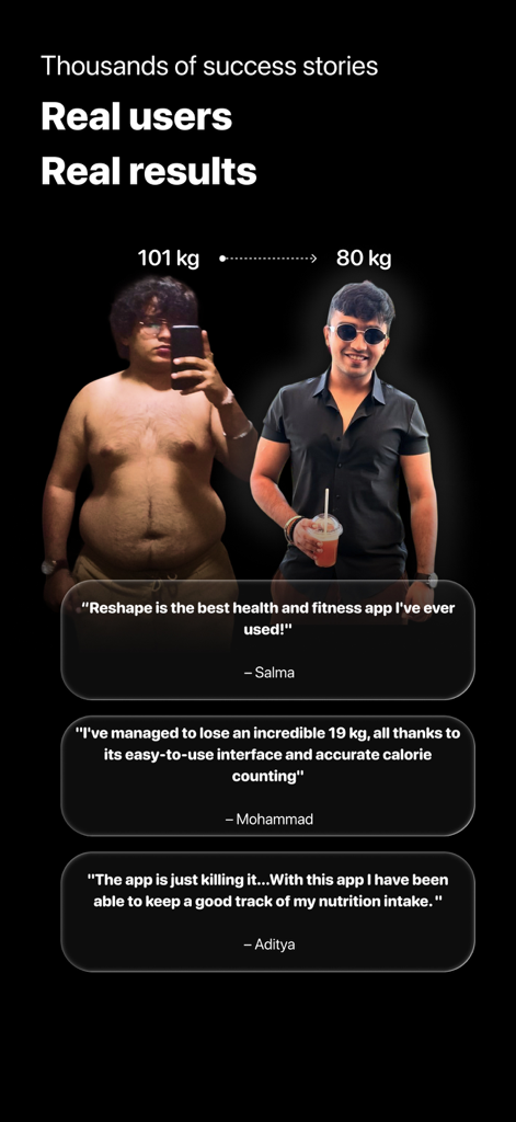 Reshape – Fat Loss & Fitness - Before and after weight loss transformation and user testimonials for the Reshape app